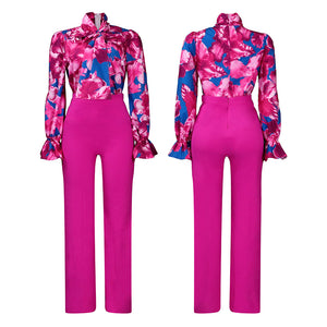 Ladies Elegant Fuchsia Pink Multi Printed Blouse & Trouser Set