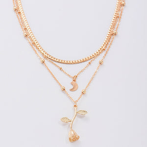 Ladies Triple Layer Gold Plated Half Moon Rose Flower Pendants Link Necklace Set