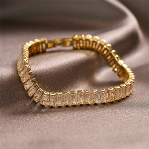 Ladies Gold Rectangle Stainless Steel Cubic Zirconia Adjustable Chain Bracelets