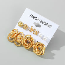Load image into Gallery viewer, Ladies Gold Plated Twirl Cutout Butterfly Hoop Faux Pearl 5 Pair Earrings