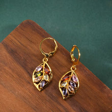 Load image into Gallery viewer, Ladies Golden Leaf Inlaid Colored Crystals Dangling Earrings