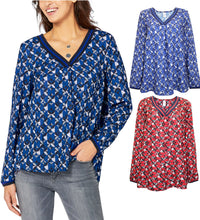 Load image into Gallery viewer, Ladies Geo Print Woven Long Sleeve Pleated Back Plus Size Tops