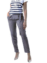Load image into Gallery viewer, Ladies Blue Circle Print Tie Belt Elasticated Waist Tapered Plus Size Trousers