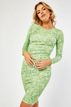 Load image into Gallery viewer, Ladies Green Abstract Print Stretchy Long Sleeve Bodycon Dress