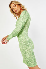 Load image into Gallery viewer, Ladies Green Abstract Print Stretchy Long Sleeve Bodycon Dress