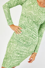 Load image into Gallery viewer, Ladies Green Abstract Print Stretchy Long Sleeve Bodycon Dress