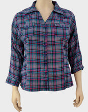 Load image into Gallery viewer, Ladies Purple PlaId Button Checked Cotton Long Sleeve Plus Size Top