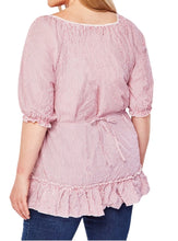 Load image into Gallery viewer, Ladies Crinkle Red & White Thin Striped Ruffle Short Sleeve Tops