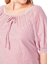 Load image into Gallery viewer, Ladies Crinkle Red & White Thin Striped Ruffle Short Sleeve Tops