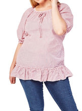 Load image into Gallery viewer, Ladies Crinkle Red & White Thin Striped Ruffle Short Sleeve Tops