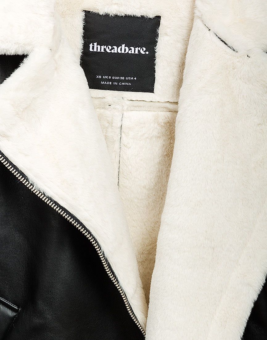 Ladies Black Threadbare Shannay Faux Fur Trim Faux Leather Aviator Jacket