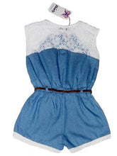 Load image into Gallery viewer, Girls Blue Lace Trim Elasticated Waist Belted Summer Playsuit