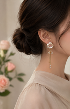 Load image into Gallery viewer, Ladies Gold Plated Floral Pink Heart Crystal Bead Drop Dangle Earrings