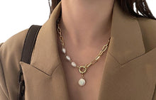 Load image into Gallery viewer, Ladies Gold Plated Baroque Pearl Bead Interlink Oval Chain Drop Pendant Necklace
