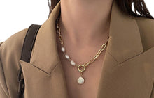 Load image into Gallery viewer, Ladies Gold Plated Baroque Pearl Bead Interlink Oval Chain Drop Pendant Necklace