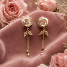 Load image into Gallery viewer, Ladies Gold Plated Floral Pink Heart Crystal Bead Drop Dangle Earrings