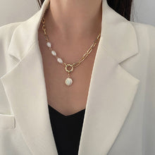 Load image into Gallery viewer, Ladies Gold Plated Baroque Pearl Bead Interlink Oval Chain Drop Pendant Necklace