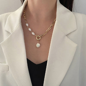 Ladies Gold Plated Baroque Pearl Bead Interlink Oval Chain Drop Pendant Necklace