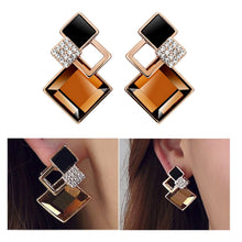 Load image into Gallery viewer, Ladies Gold Plated Brown Diamond Cut Crystal Over Layer Earrings