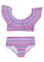 Load image into Gallery viewer, Girls Minoti Pink & Purple Aztec Print Bikini 2 Piece Swimming Costumes