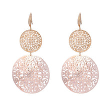Load image into Gallery viewer, Ladies Gold Plated Hollow Cut Out Double Circle Filigree Disc Drop Hook Earrings