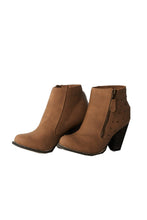 Load image into Gallery viewer, Ladies Brown Heeled Side Almond Toe Ankle Boots
