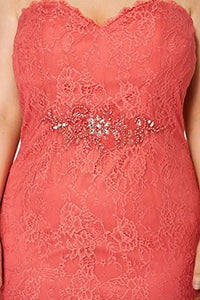 Coral Beaded Lace Strapless Evening Dress
