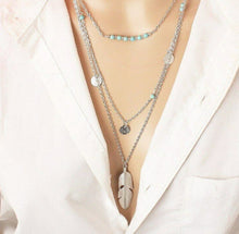 Load image into Gallery viewer, Silver Turquoise Beaded & Circle Feather 3Tier Multilayer Necklace