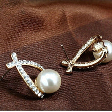 Load image into Gallery viewer, Ladies Gold Plated Cross Pearl Crystal Stud Earrings