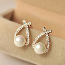 Load image into Gallery viewer, Ladies Gold Plated Cross Pearl Crystal Stud Earrings