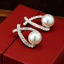 Load image into Gallery viewer, Ladies Gold Plated Cross Pearl Crystal Stud Earrings