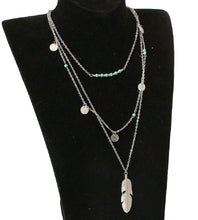 Load image into Gallery viewer, Silver Turquoise Beaded & Circle Feather 3Tier Multilayer Necklace
