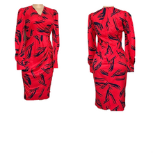 Load image into Gallery viewer, Ladies Red Navy Print V Neck Rush Elasticated Waist Dress