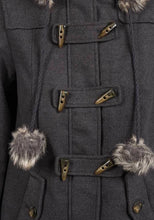 Load image into Gallery viewer, Charcoal Faux Fur Trim Hooded Duffle Coat
