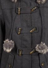 Load image into Gallery viewer, Charcoal Faux Fur Trim Hooded Duffle Coat