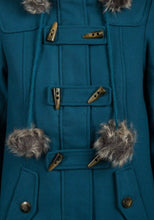 Load image into Gallery viewer, Teal Faux Fur Trim Hooded Duffle Coat
