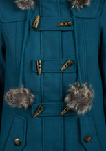 Load image into Gallery viewer, Teal Faux Fur Trim Hooded Duffle Coat