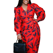 Load image into Gallery viewer, Ladies Red Navy Print V Neck Rush Elasticated Waist Dress