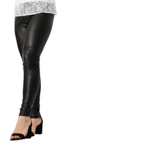 Load image into Gallery viewer, Ladies Black Tall Mid Waist Matte Faux Leather Stretchy Leggings