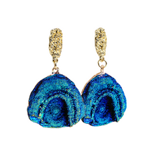 Load image into Gallery viewer, Ladies Blue Rainbow Moonstone Abstract Natural Stone Half Moon Dangling Earrings