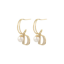 Load image into Gallery viewer, Double D Letter Shape Crystal CZ Layered Faux Pearl Stud Earrings