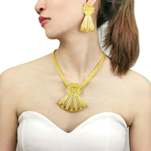 Load image into Gallery viewer, Gold Fan-Shaped Cut Out Big Pendant Earrings Chain Necklace Party Set