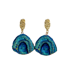 Load image into Gallery viewer, Ladies Blue Rainbow Moonstone Abstract Natural Stone Half Moon Dangling Earrings