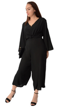 Load image into Gallery viewer, Black Crepe V Neck Front Waist Attached Belt Tie Jumpsuits