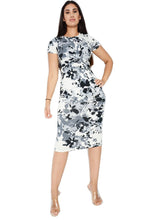 Load image into Gallery viewer, Ladies Grey & White Floral Twist Front Midi Pencil Dress