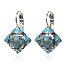 Load image into Gallery viewer, Ladies Silver Blue Enamel Retro Square Dangle Hook Earrings