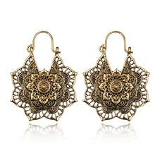 Load image into Gallery viewer, Ladies Gold Vintage Tribal Brass Mandala Bee Flower Cutout Hook Earrings