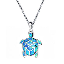 Load image into Gallery viewer, Blue Opal Fish Scale Turtle Pendant Silver Link Chain Necklace