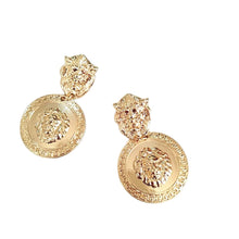 Load image into Gallery viewer, Lion Head Gold Plated Round Medusa Medallion Coin Earrings