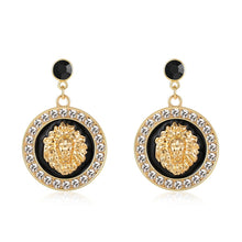 Load image into Gallery viewer, Round 18K Gold Plated Lion Head Rhinestone Dangle Stud Earrings